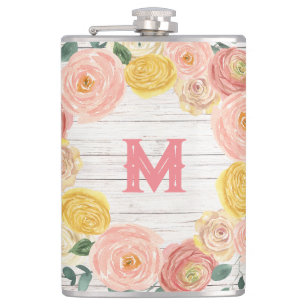 Flasques Monogramme en bois vieilli Rose et couronne d'euca