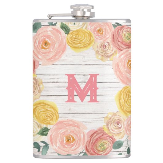 Flasques Monogramme en bois vieilli Rose et couronne d'euca (Devant)
