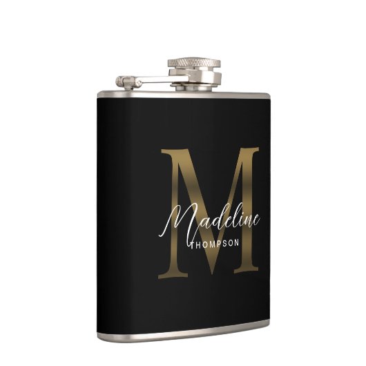 Flasques Monogramme en or noir métallique à script simple (Droite)