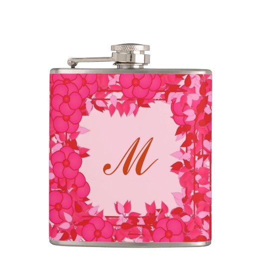 Flasques Monogramme encadré de fleurs - fuchsia et rose (Devant)