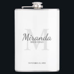 Flasques Monogramme et nom de la servante d'accueil personn<br><div class="desc">Cadeaux Bridesmaids personnalisées avec le nom de la femme d'honneur personnalisée en gris style de police de script classique et monogramme en gris clair style de police serif classique en arrière - plan avec titre et date de mariage en gris style de police serif classique sur arrière - plan blanc....</div>