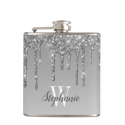Flasques Monogramme Faux Paillettes Argent Élégant qui Dégo (Devant)