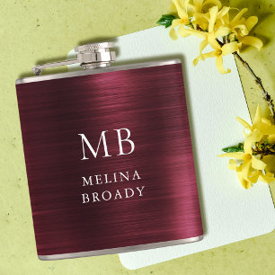 Flasques Monogramme Métal Faux Acier Brossé Bourgogne Éléga