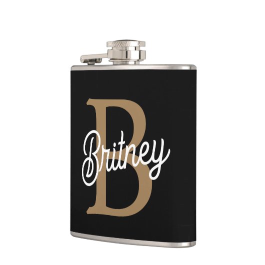 Flasques Monogramme moderne élégant Nom Black Gold Script (Gauche)