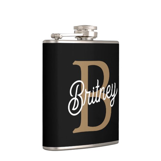 Flasques Monogramme moderne élégant Nom Black Gold Script (Droite)