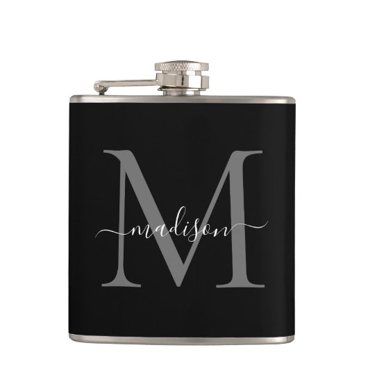 Flasques Monogramme moderne noir gris argenté Nom du script (Devant)