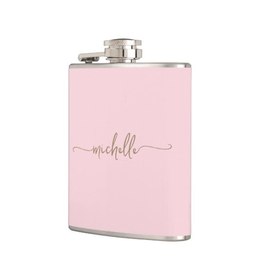 Flasques Monogramme Or élégant Nom Script Blush Pink (Gauche)