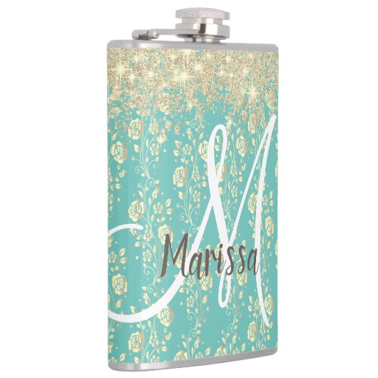Flasques Monogramme or Floral sur Turquoise vert (Droite)