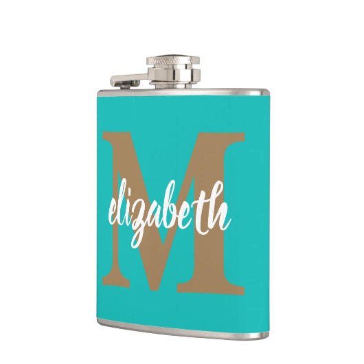 Flasques Monogramme or tendance Nom du script sur Turquoise (Gauche)