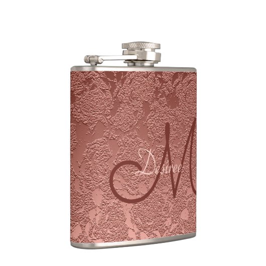Flasques Monogramme Rose Gold Pink Floral Modern Art Élégan (Droite)