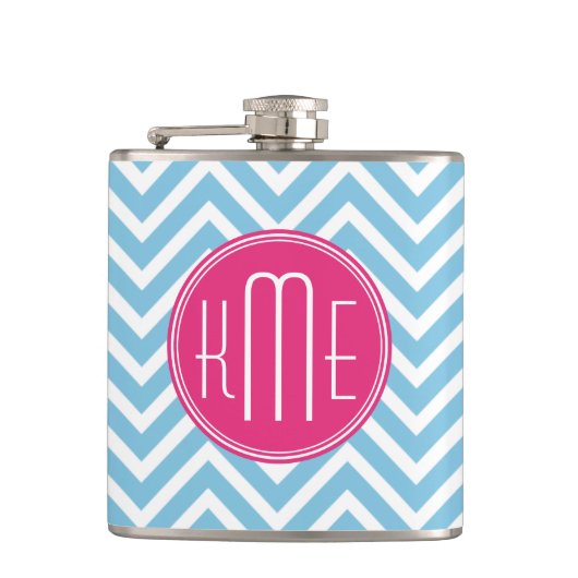 Flasques Monogramme rose magenta avec Chevron bleu-clair (Devant)