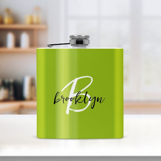 Flasques Monogramme tendance vert citron noir blanc Script