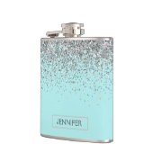 Flasques Monogramme Turquoise Bleu argenté Nom de la Partie (Gauche)