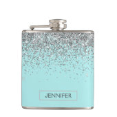 Flasques Monogramme Turquoise Bleu argenté Nom de la Partie (Devant)