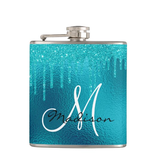 Flasques Monogramme Turquoise Bleu Parties scintillant Driv (Devant)