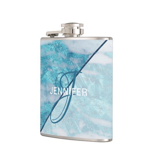 Flasques Monogramme Turquoise en marbre bleu Géométrique (Gauche)