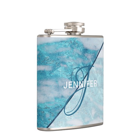 Flasques Monogramme Turquoise en marbre bleu Géométrique (Droite)