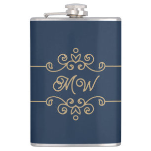 Flasques Monogramme vintage or et bleu marine Élégant