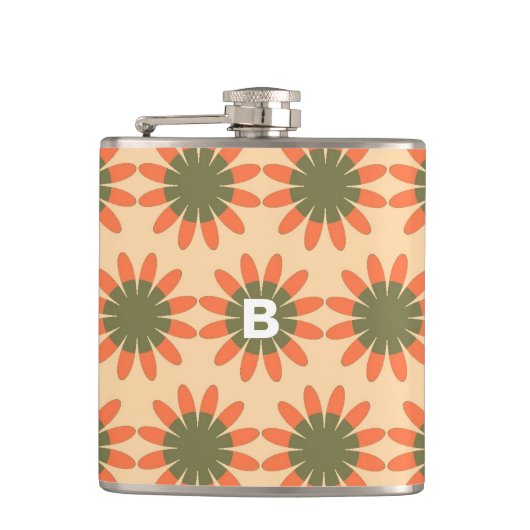 Flasques Motif de fleur rétro orange et vert Monogramme (Devant)