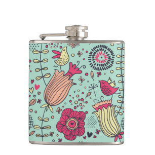 Flasques Motif floral de bande dessinée avec des oiseaux