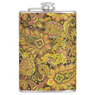 Flasques Motif Paisley en jaune, marron sur fond noir
