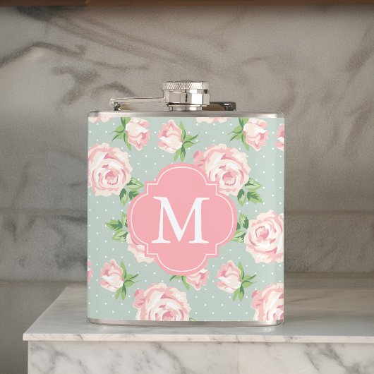 Flasques Motif Rose rose et menthe Vintage Monogramme