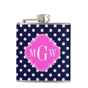 Flasques Navy Blanc pois rose vif Quatrefoil 3 Monogramme