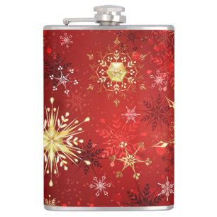 Flasques Noël Golden Snowflakes sur Arrière - plan rouge