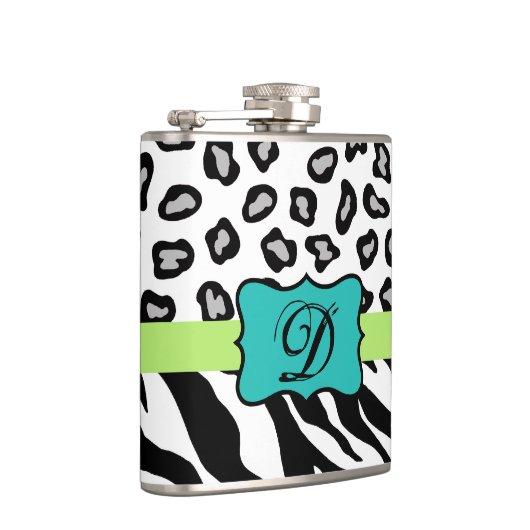 Flasques Noir Blanc Turquoise Zebra Leopard Peau Monogramme (Droite)