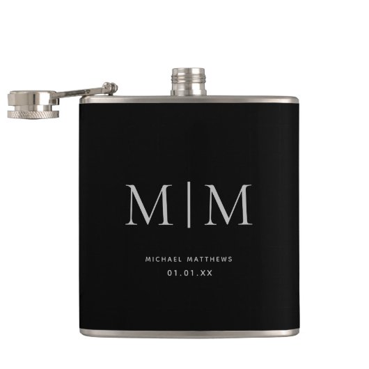 Flasques Noir moderne Élégant Monogramme Nom initial (Ouvert)