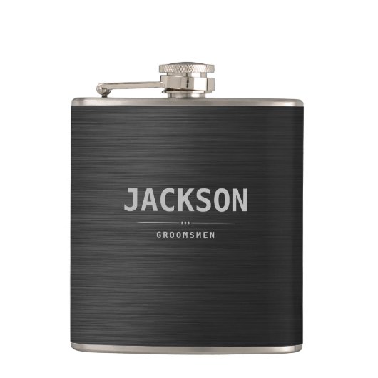 Flasques Noir moderne Nom simple Groomsmen personnalisé (Devant)