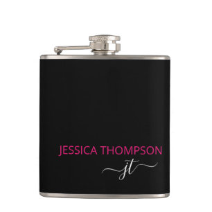 Flasques Noir rose chaud moderne Simple Script Monogramme N
