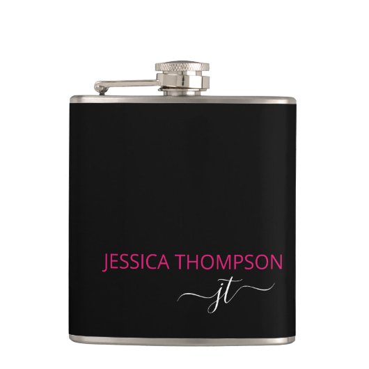 Flasques Noir rose chaud moderne Simple Script Monogramme N (Devant)
