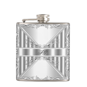 Flasques Nom Monogramme Élégant Argent Floral Aspect Métal