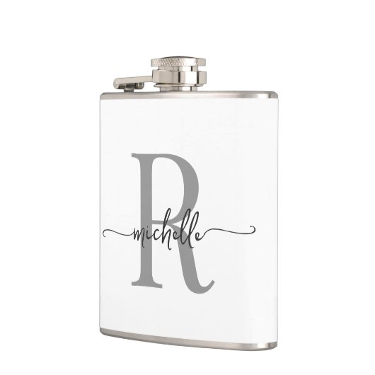 Flasques Nom Monogramme Gris Blanc Moderne Écriture Élégant (Gauche)