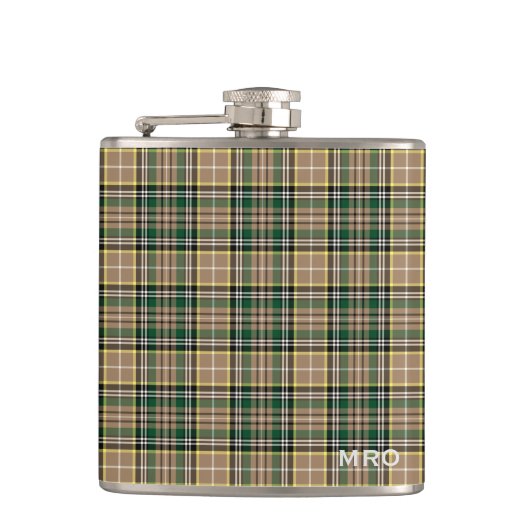 Flasques O'Farrell Tartan Monogramme vert et tan Plaid (Devant)