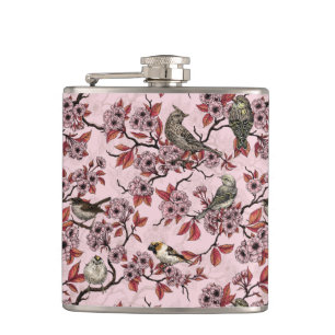 Flasques Oiseaux et fleurs de cerisier sur fond rose saumon