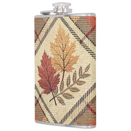 FLASQUES OR VERT ROUGE CHUTE PLAID MOTIFS AVEC FEUILLES (Gauche)