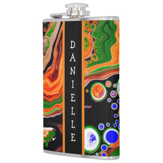 Flasques Orange personnalisé, Bleu, Vert, Noir Fluide Art (Gauche)