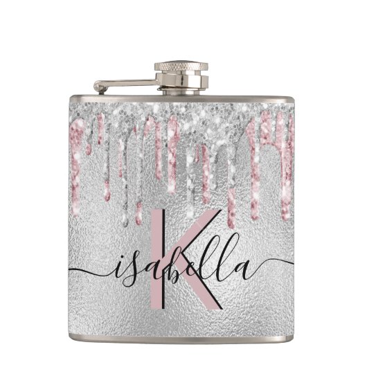 Flasques Paillettes argent monogramme rose écriture scintil (Devant)