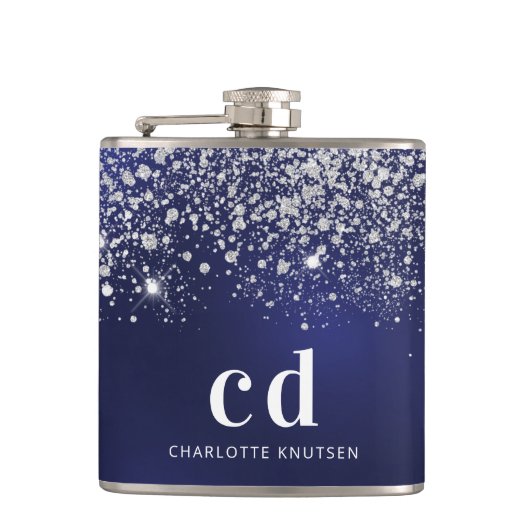 Flasques Paillettes bleu marine initiales monogramme argent (Devant)
