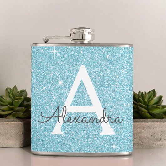 Flasques Parties scintillant bleue turquoise et monogramme