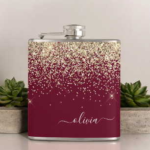 Flasques Parties scintillant d'or Bourgogne Monogramme de f
