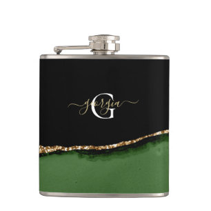 Flasques Parties scintillant d'or et Monogramme d'âge vert