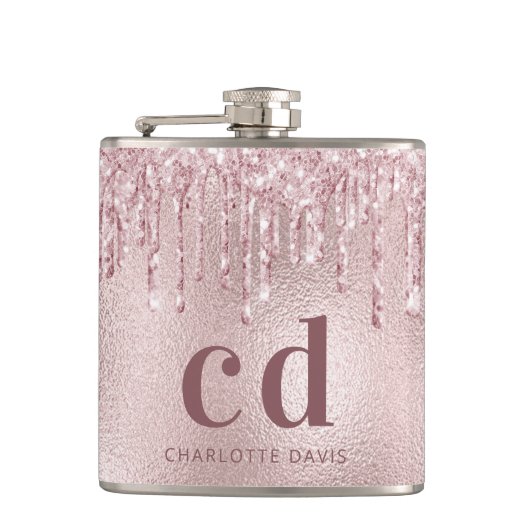 Flasques Parties scintillant rose pâle goutte nom monogramm (Devant)