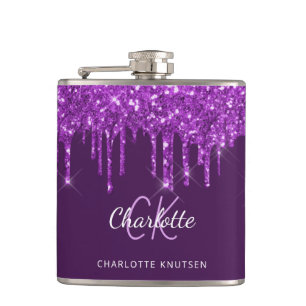 Flasques Parties scintillant violet gouttes de nom monogram