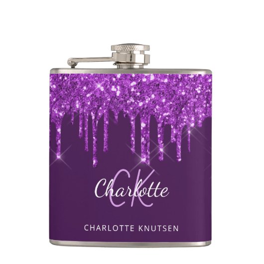 Flasques Parties scintillant violet gouttes de nom monogram (Devant)