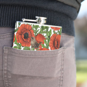 Flasques Pavot rouge et brindilles, feuilles verts sur blan