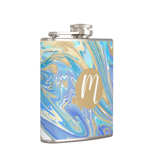 Flasques Pearlescent Aqua & Gold Liquide Marbre & Monogramm (Droite)