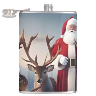 Flasques Père Noël Posant Avec Ses Rennes,